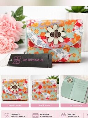 NO BOUNDARIES FLORAL MINT & ORANGE FAUX LEATHER CARD HOLDER (Wallet Multicolor)